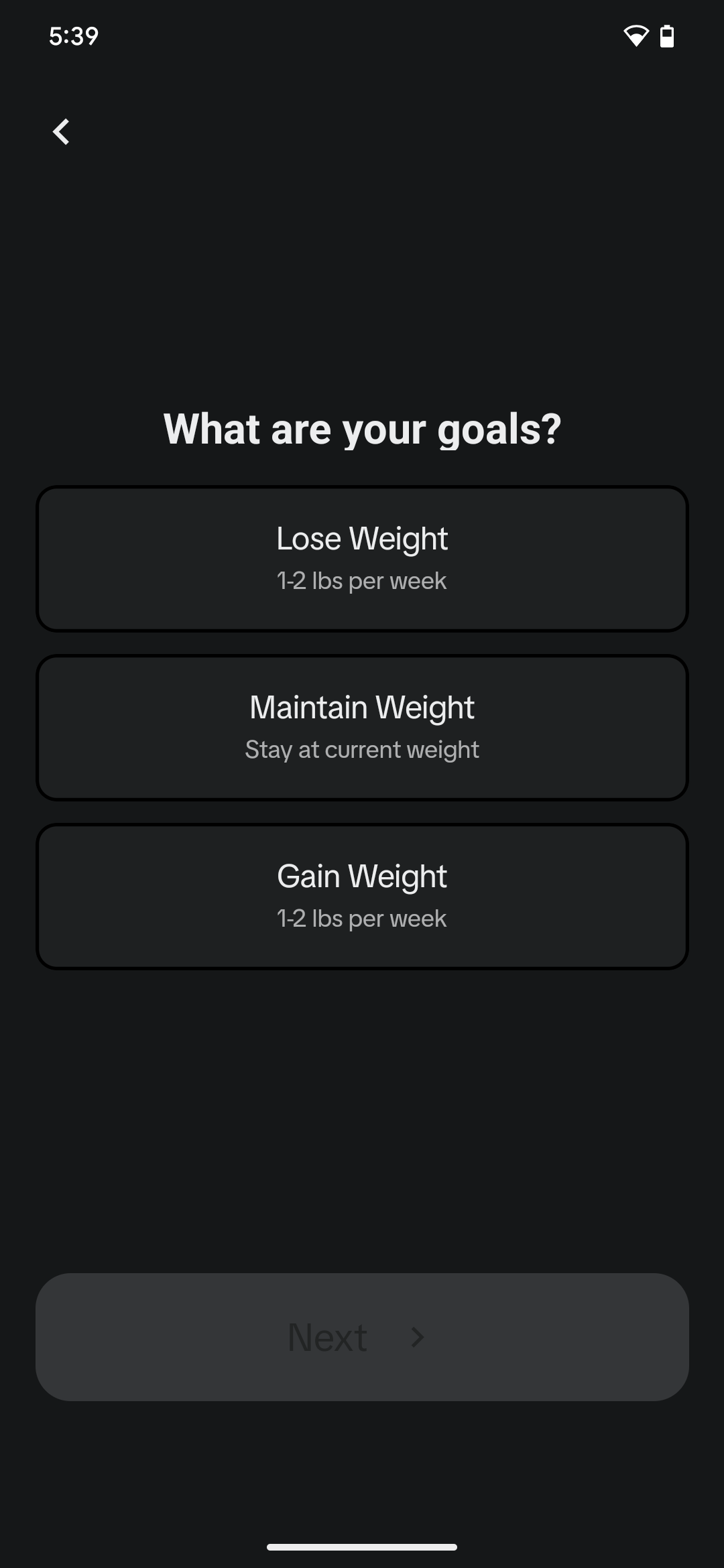 Weight goal screen